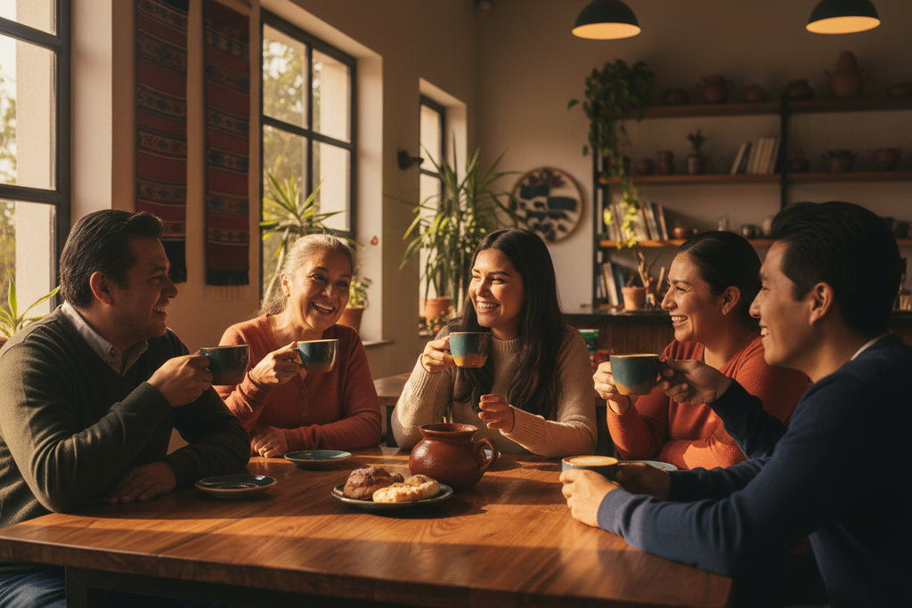 Familia tomando café