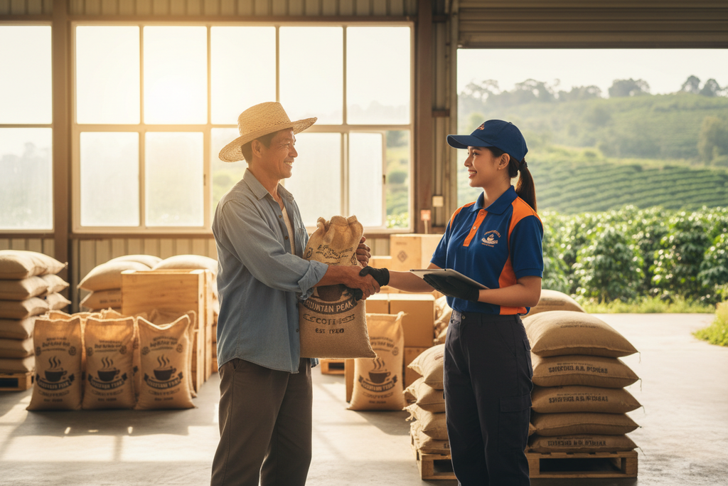 Productor de café entregando café a paquetería